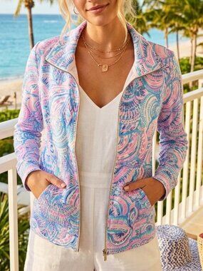 Lilly Pulitzer Leona Full Zip Up Jacket Womens Small Pink Blue Happy as a Clam